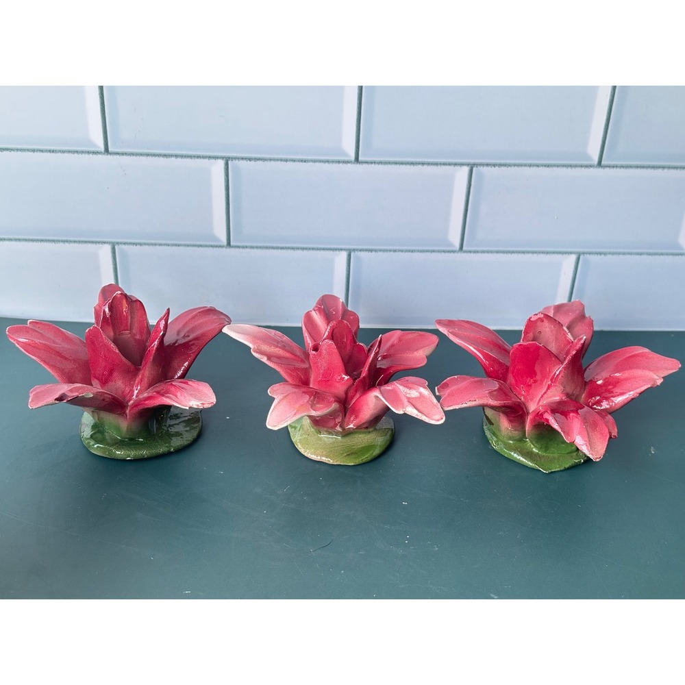 Vintage Capodimonte Italy Pink Floral Ceramic Candle Holders Set of 3
